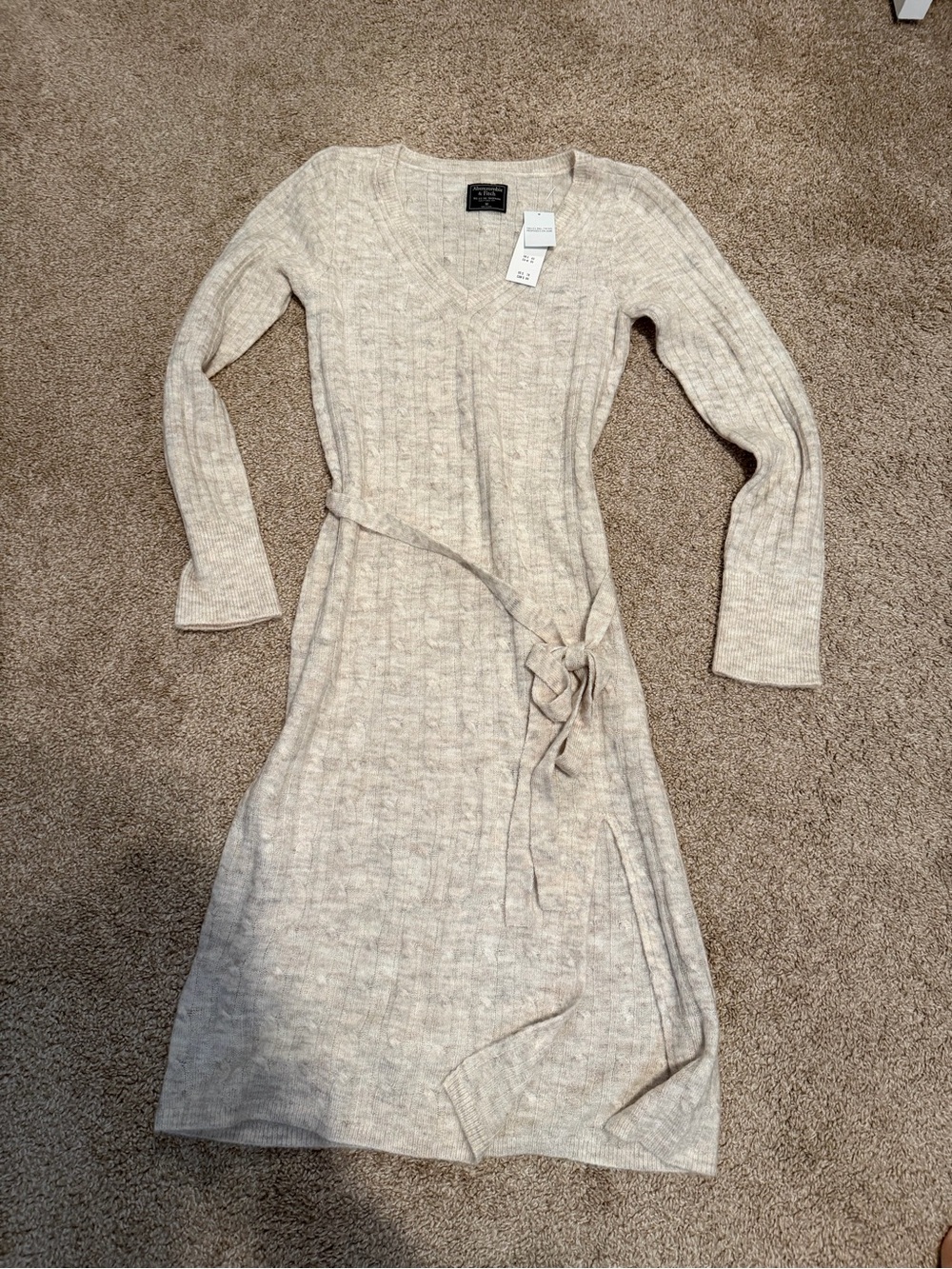 Abercrombie & Fitch Cream Ribbed V-Neck Sweater Dress with Self-Tie